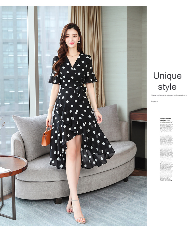 VK旗艦店 韓系復古氣質顯瘦不規則波點短袖洋裝