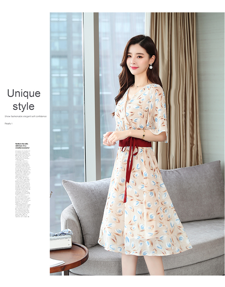 VK旗艦店 韓系V領雪紡收腰顯瘦喇叭袖碎花短袖洋裝