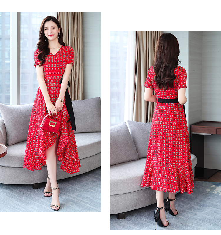 VK旗艦店 韓系時尚V領修身顯瘦收腰雪紡長版短袖洋裝