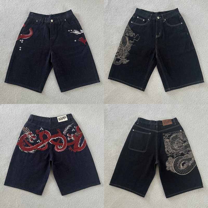 Derschutze Chinese Style Dragon Pattern Heavy Embroidery Denim Shorts Unisex Loose Wide-Leg Casual Knee-Length Shorts Trendy