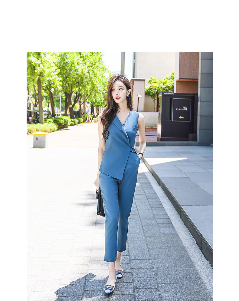 VK旗艦店 韓國風V領無袖連身褲修身鉛筆褲OL職業套裝無袖褲裝