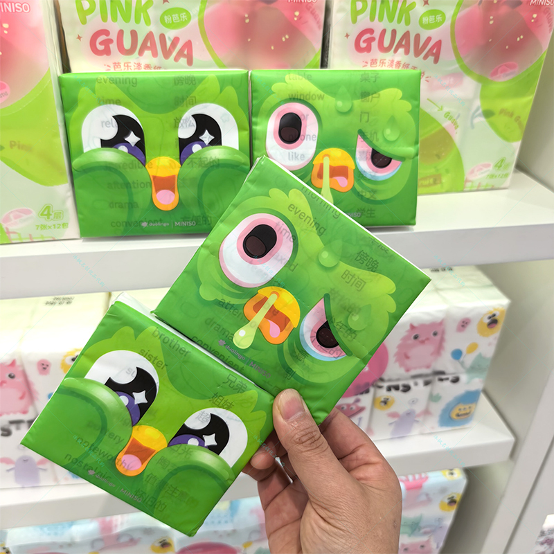 Miniso Famous Brand Duolingo Word Design Printed Q-Pack Facial Tissue, Skin-Friendly, Soft, Unscented, 40 Sheets Per Pack