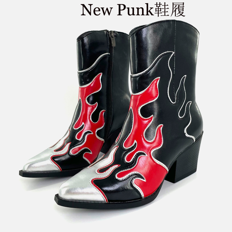 Dark Flame Design Pointed Toe High Heel Chunky Heel Chelsea Boots for Women 2025 Winter New Height-Increasing Zipper Martin Boots