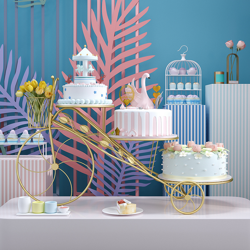 New European-Style Iron Three-Tier Cake Stand, Creative Bicycle Cake Cart, Birthday Cake Stand, Pastry Display Stand