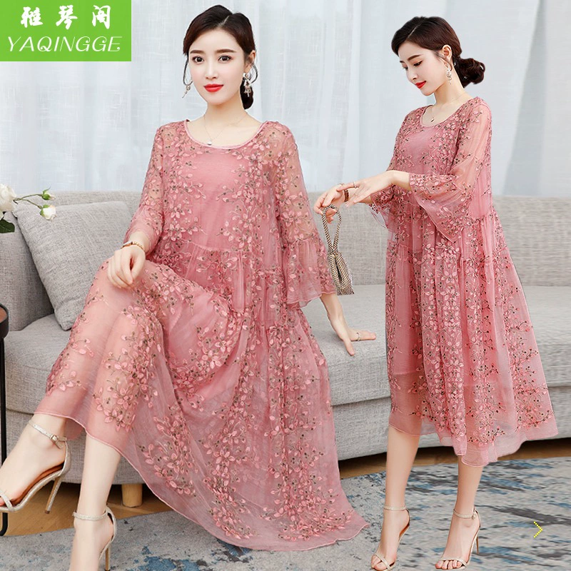Váy lụa mùa hè 2021 phụ nữ mới thêu tay áo ba phần tư dài và rộng rãi rộng rãi váy dài lụa dâu tằm - Váy dài