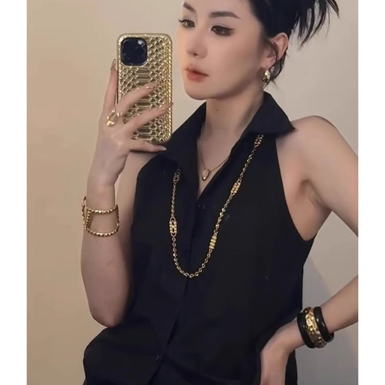French Style Bottoming Shirt, High-Bottom Polo Collar Shirt, Sexy Hottie Sleeveless Halter Shirt for Women in Summer French Style Bottoming Shirt, High-Bottom Polo Collar Shirt, Sexy Hottie Sleeveless Halter Shirt for Women in Summer