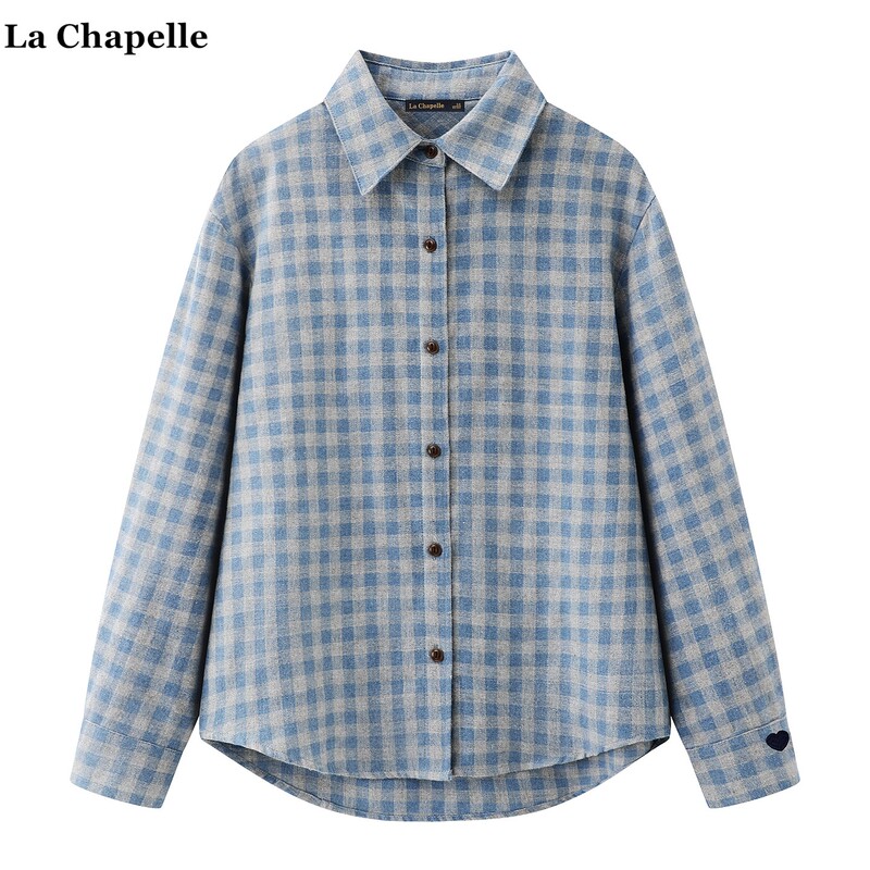 La Chapelle Lazy Style Heart Embroidery Plaid Shirt for Women Versatile Brushed Lapel Shirt La Chapelle Lazy Style Heart Embroidery Plaid Shirt for Women Versatile Brushed Lapel Shirt