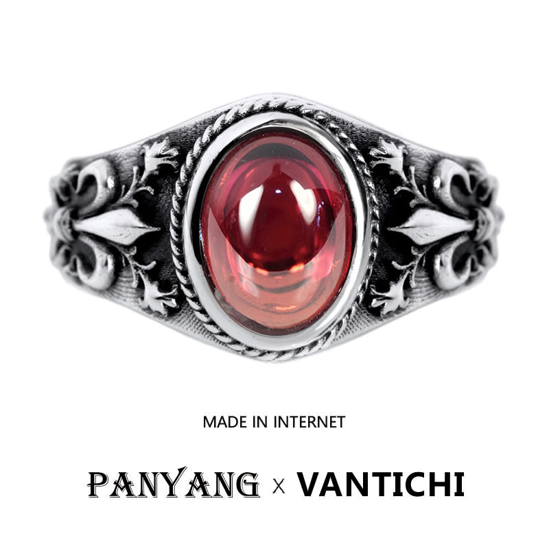 [Auspicious Wealth] Niche Retro Vantichi Sterling Silver Garnet Red Gemstone Adjustable Ring for Men and Women