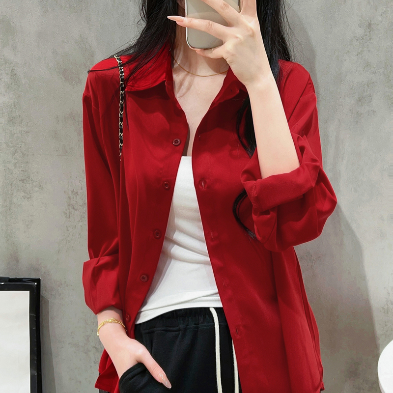 Red Lapel Shirt for Women in Their Zodiac Year, New Spring and Autumn Korean Style Shirt, Loose, Casual, Versatile, Slimming Long-Sleeved Top
