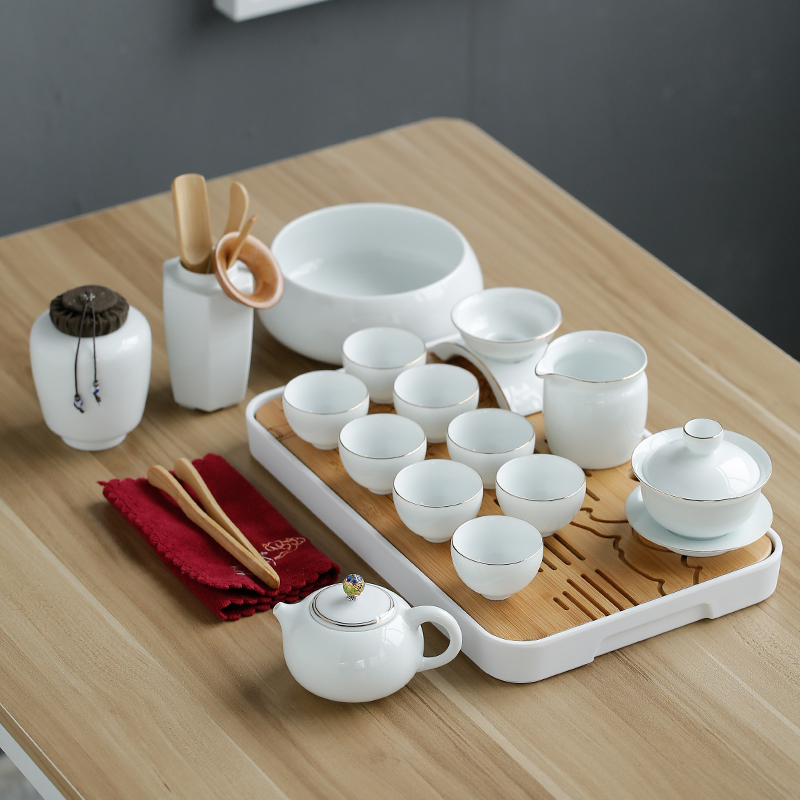 Household ceramic Kung Fu tea set set set of tea plates Simple office white porcelain tea set Tea cover bowl Teapot Teacup