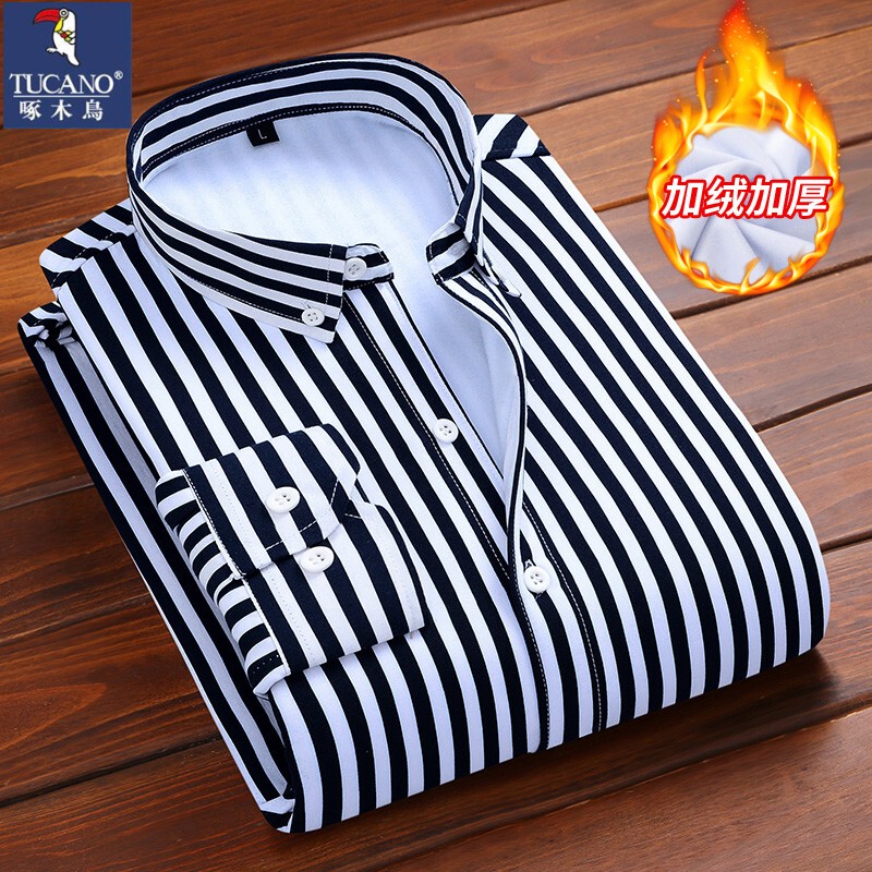 Woodpecker Winter Fleece-Lined Thick Striped Long-Sleeve Shirt Men's Business Casual Warm Integrated Fleece Shirt Jacket