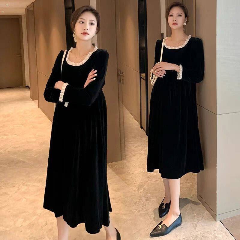 Pregnancy Woman Dress Autumn Winter New Foreign Style Fashion Over Kneecap Belly Gold Velvet Lace With Loose Long Sleeve Pregnant Woman Foreign Dress