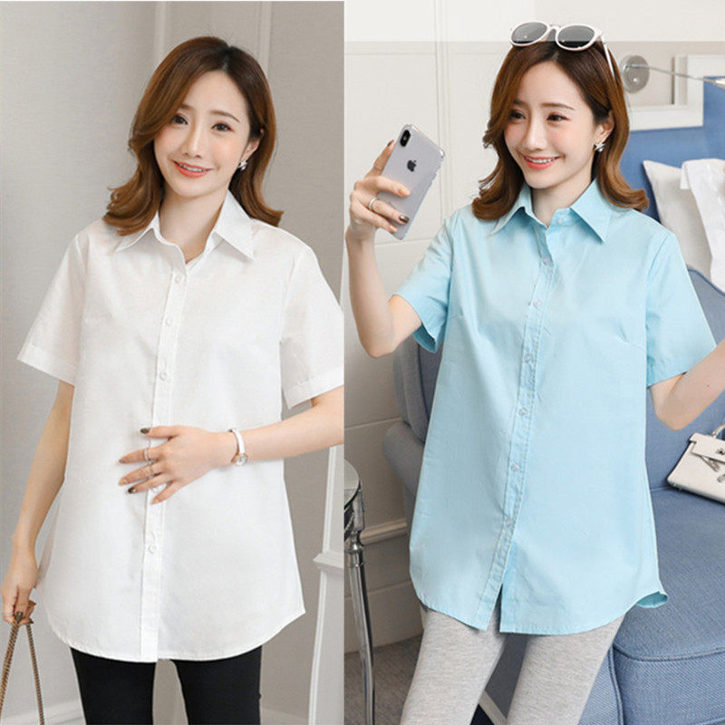 Maternity shirt white short-sleeved summer new work clothes loose fashion all-match work blue shirt work clothes