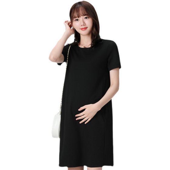 孕妇夏装连衣裙新款职业工作服韩版圆领中长款大码黑色短袖孕妇裙