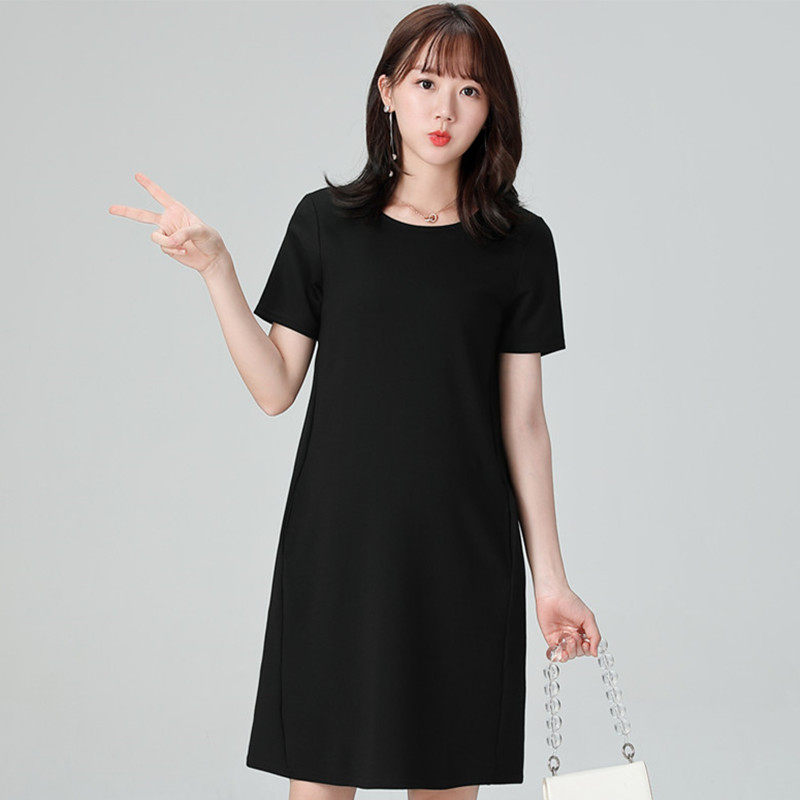 Pregnant Woman Summer Dress Foreign Dress New 2022 Career Workwear Korean Version Round Collar Medium Long Version Short Sleeve Black Pregnant Woman Dress