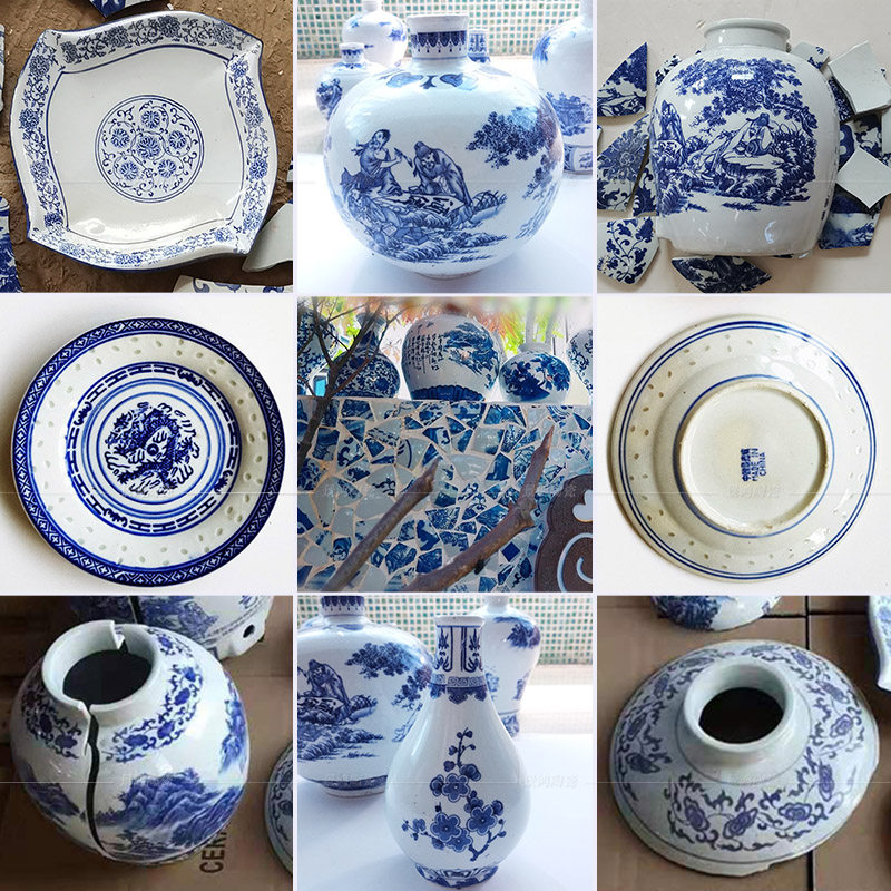 The new Jingdezhen blue and white porcelain pieces ceramic fragments material accessories residual dish plate half bottle mouth outdoor courtyard background wall