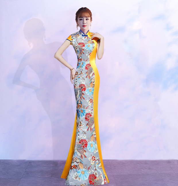 2020 mùa thu và mùa đông mới sụp đổ màu thân đuôi cá sườn xám váy Catwalk hiển thị các nghi lễ chủ trang phục dạ hội hàng năm