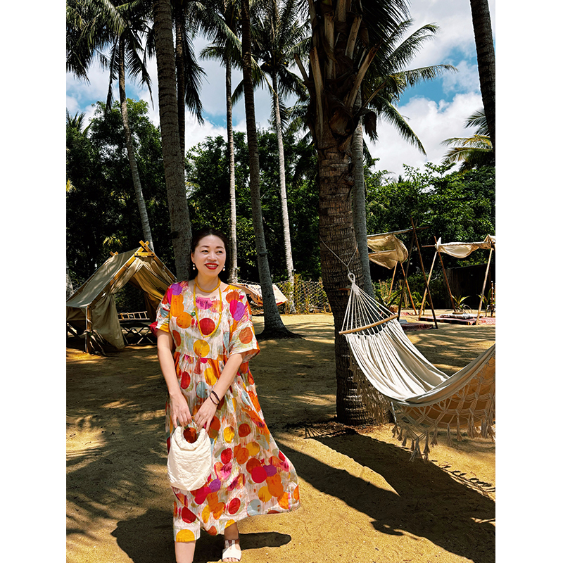 Grandma Is Ageless, Vacation-Style Short-Sleeved Loose Dress, Plus-Size Beach Dress for Middle-Aged and Elderly, Bohemian Long Dress, Prairie Style Grandma Is Ageless, Vacation-Style Short-Sleeved Loose Dress, Plus-Size Beach Dress for Middle-Aged and Elderly, Bohemian Long Dress, Prairie Style