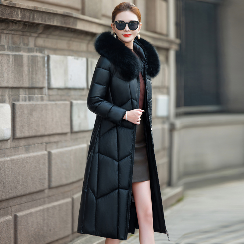 [Leather Clearance] Genuine Haining Leather Coat down Jacket Large Size Over-The-Knee Long Leather Coat for Women