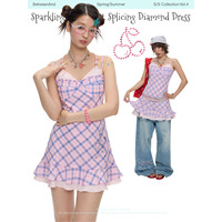 BETWEENAND "Heart Lock Plaid" summer love lock glitter pink print stitching plaid hot diamond dress short skirt for women