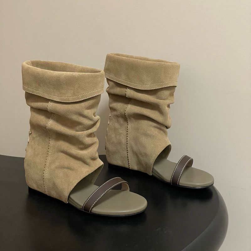 Unique Designer Style Stacked Sandals for Women, New Summer Model with Hidden Height Increase, Genuine Leather Open-Toe Sandals, Ruched Short Boots
