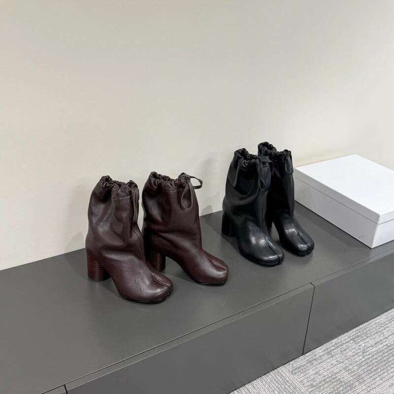 High-End Niche Dark Style Drawstring Pig's Trotters Split-Toe Short Boots for Women, Genuine Leather Chunky High-Heeled Balloon Boots, Retro Fashion Boots High-End Niche Dark Style Drawstring Pig's Trotters Split-Toe Short Boots for Women, Genuine Leather Chunky High-Heeled Balloon Boots, Retro Fashion Boots