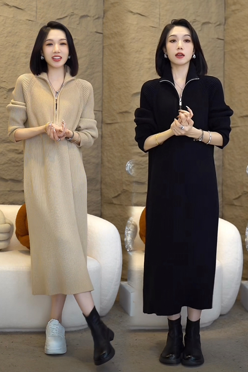 Autumn and winter matching in large clotheson with long style sweater dress goddess Fan Thickened Warm Knit Undergarment dresses Dairy tea Color-Taobao