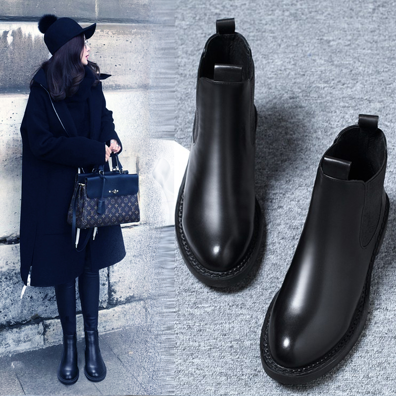 Hong Kong 2020 autumn winter new women's shoes fashion genuine leather flat bottom Martin boots Inn wind thicken Chelsea short boots