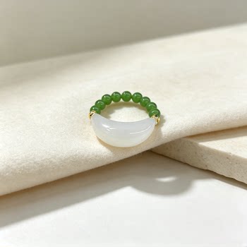 Natural hetian white jade crescent ring jasper bead elastic ring niche light luxury jade ring gift for girlfriend