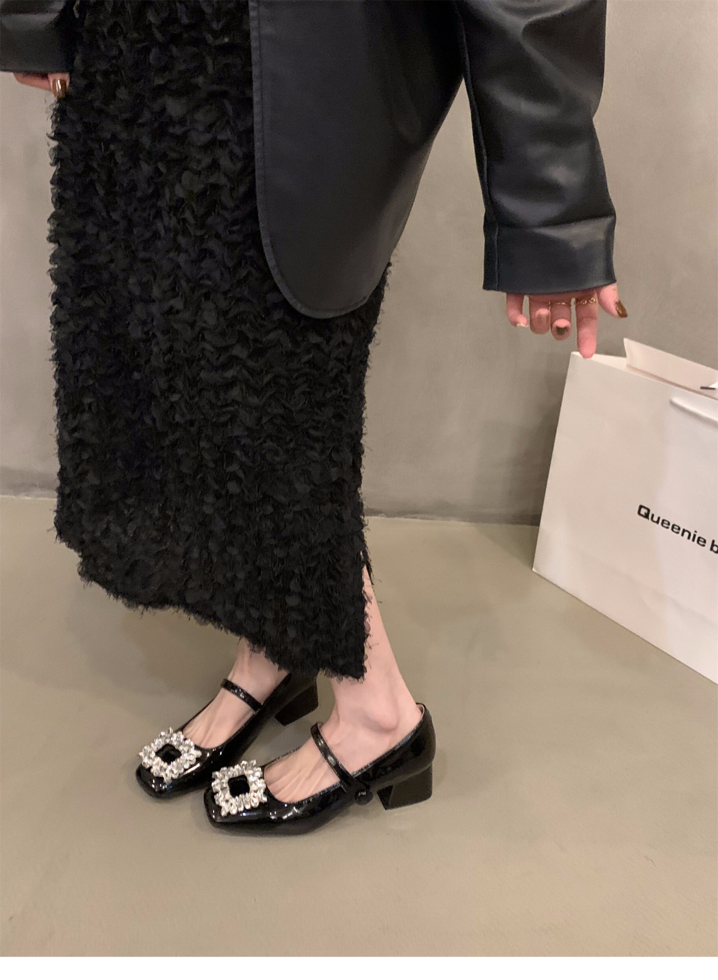 Туфли Мэри Джейн 法式中高跟黑色方头水钻单鞋女鞋子2024新款春秋冬季玛丽珍晚晚鞋