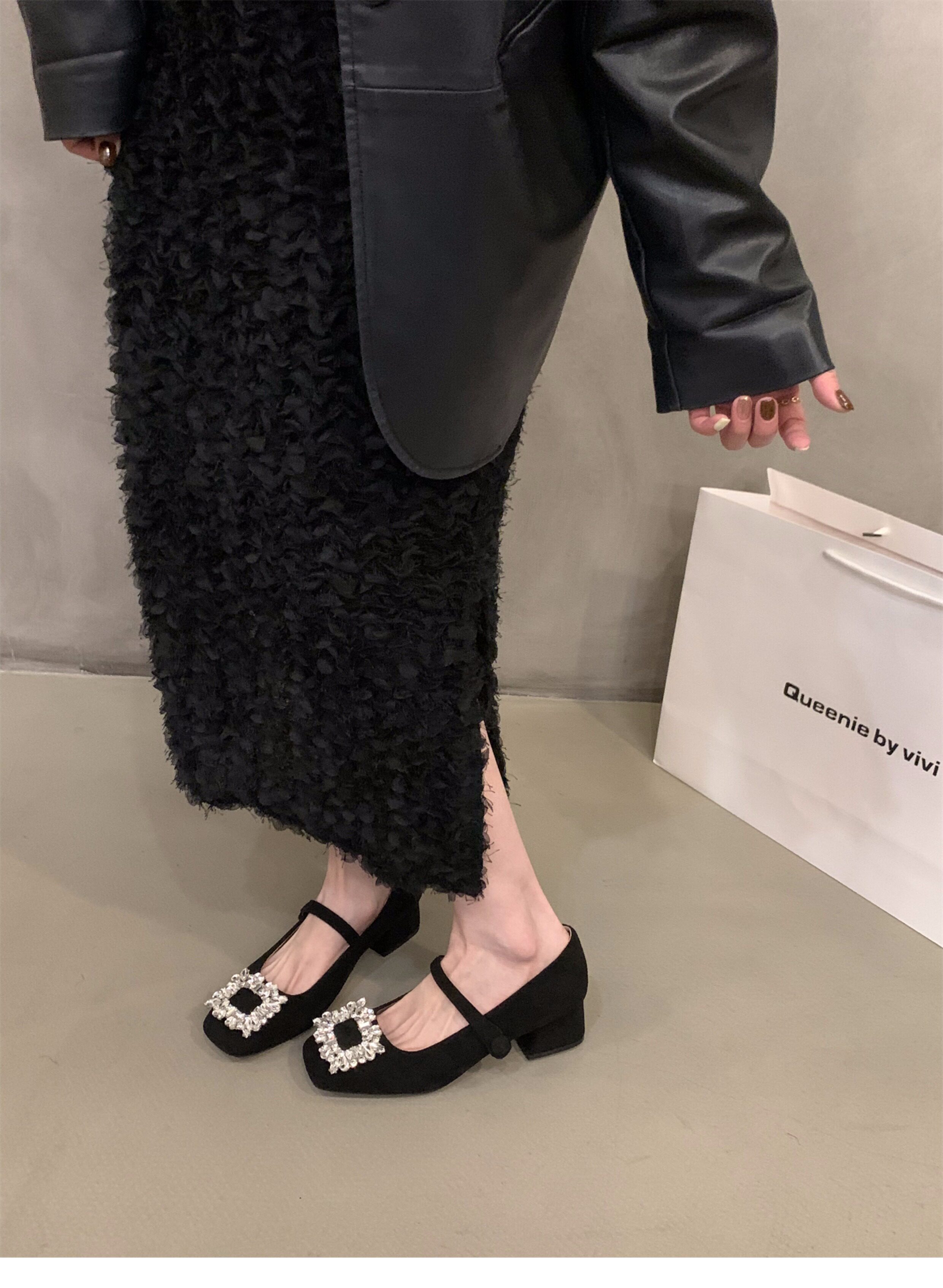 Туфли Мэри Джейн 法式中高跟黑色方头水钻单鞋女鞋子2024新款春秋冬季玛丽珍晚晚鞋