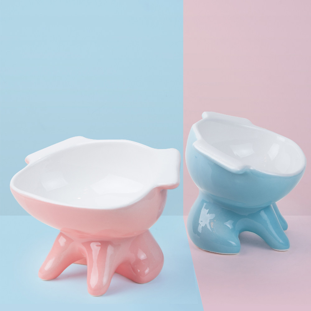 Oblique mouth cat bowl large diameter high foot ceramic pet bowl anti-knock dog bowl neck guard cat eating basin dog food vivipe