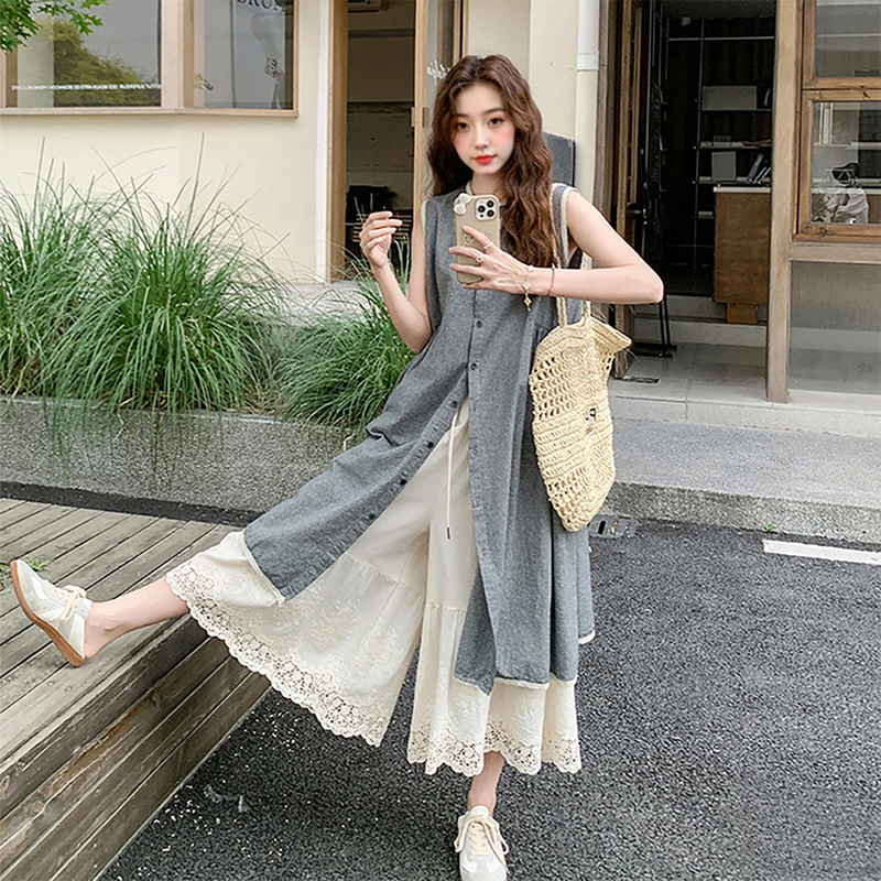 Korean Style Sleeveless Vest Dress for Women, Summer Long Loose Lace-Trimmed Wide-Leg Pants Two-Piece Fashion Set Korean Style Sleeveless Vest Dress for Women, Summer Long Loose Lace-Trimmed Wide-Leg Pants Two-Piece Fashion Set