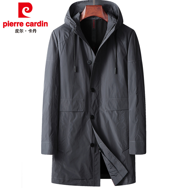 Pierre Cardin Spring and Autumn Men's Mid-Length Trench Coat New Hooded Zipper Version Top for Young and Middle-Aged Casual Thin Jacket