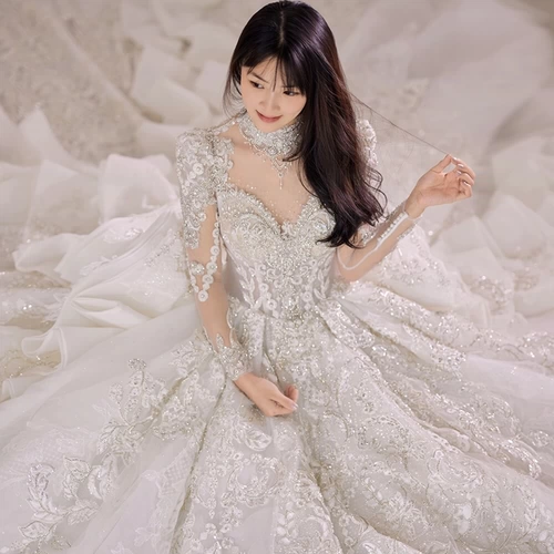 Свадебное платье с длинными рукавами в стиле французского дворца 2025 Новый стиль свадебная тяжелая индустрия