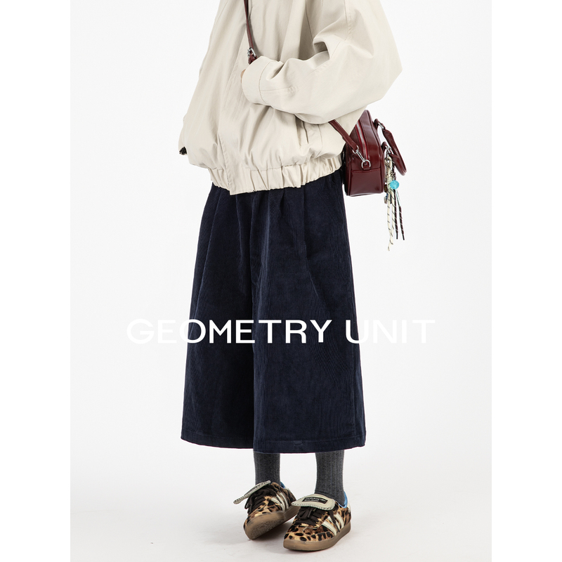 Geometric Pattern Retro Corduroy Cropped Wide-Leg Pants for Women, Autumn Navy Casual Pants, Flattering Pants for Petite Figures Geometric Pattern Retro Corduroy Cropped Wide-Leg Pants for Women, Autumn Navy Casual Pants, Flattering Pants for Petite Figures