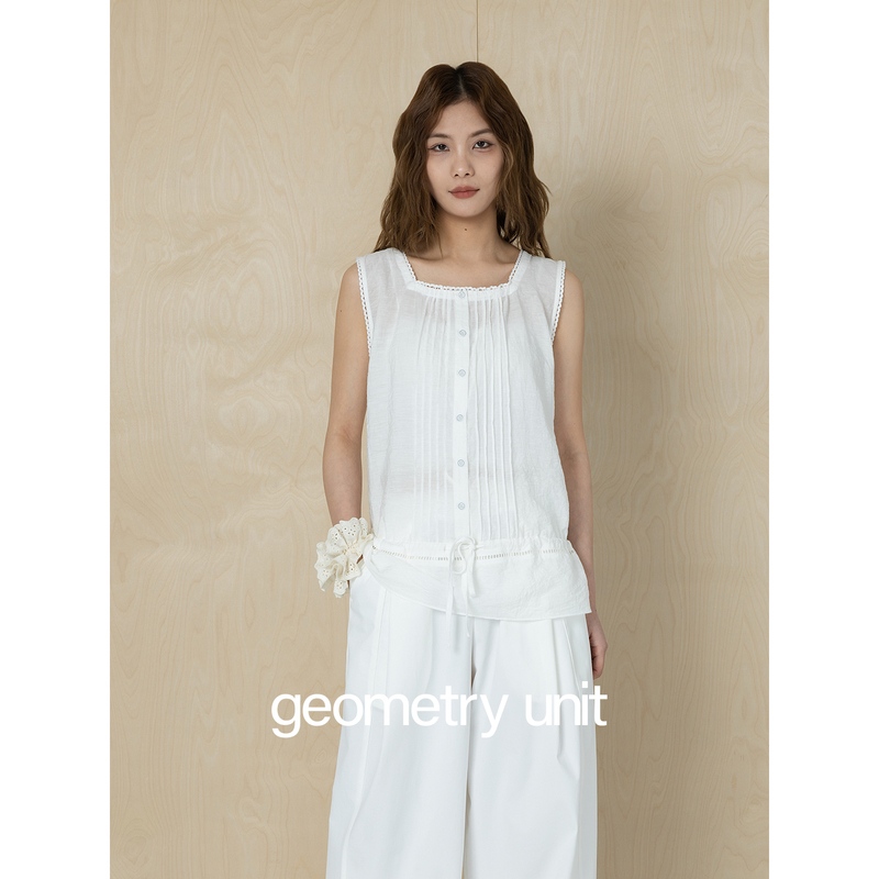 Geometric Unit "Line White Prologue" White Thin Vest Summer Versatile Lace Shirt Square Neck Sleeveless T-Shirt