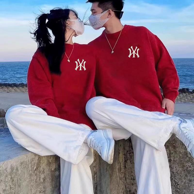 2026 Couple's Spring and Autumn Red Pullover Sweatshirt, High-End Pure Cotton Round Neck, Unisex Casual Loose Top