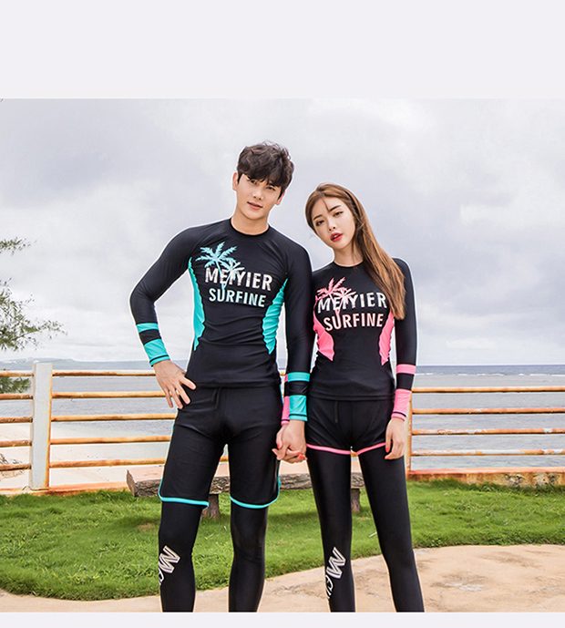 Cặp đôi tắm xuân nóng dài phù hợp với thời trang thể thao nam nữ quần dài tay chia ba mảnh áo tắm nóng xuân ấm áp 	đồ đôi đi biển chụp hình cưới	