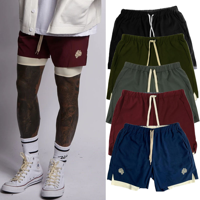 Fitness Training Sports Shorts Male Deep Squatting double 50% Pants Male anti-walking light 50% Pants With Inner Lining Elastic Speed Dry