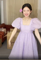 Zhao Lusi vibrates with the same purple square collar bubble sleeves sweet princess fairy holiday high waist mid-length dress