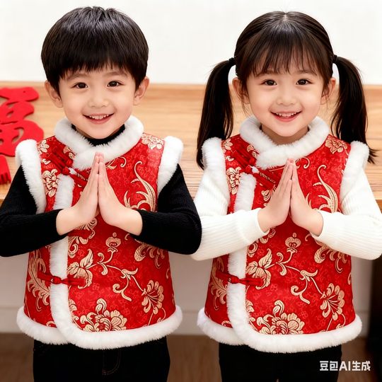 宝宝过年服唐装马甲加绒加厚婴儿新年装汉服男童女童国风拜年背心