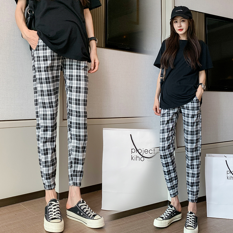 Maternity Pants for Summer, Thin Plaid Casual Jogger Pants for Pregnant Women, Spring and Summer Cropped Pants for Petite Women