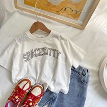 Chen Ma childrens short sleeve 2021 summer new girl and boy mosaic printed letter T-shirt baby Korean simple tide T