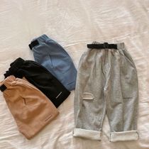 Chen Ma childrens trousers 2021 spring new male and female boy hole casual straight pants baby letter Harlan Wei pants tide