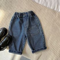 Chen Ma childrens trousers 2021 Spring and Autumn new boys and girls solid color pocket jeans baby casual Harlem pants tide