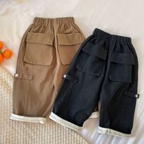 Chen Ma childrens trousers 2021 Spring and Autumn new boys and girls solid color overalls baby Korean pocket casual pants tide