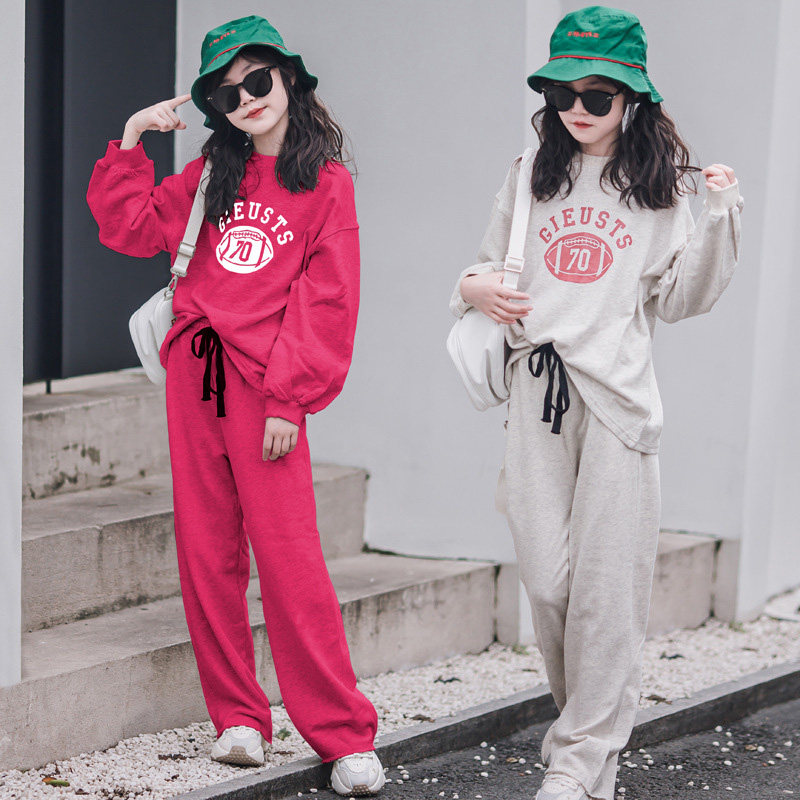 Girl's thick T-shirt suit foreign pie CUHK Trendy Spring Dress 2022 New Sports Broadlegged Pants Children Two Sets Eben