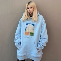 (WUT official store) 2020AW blue sky blank cloud oil painting Light blue wild sweater men and women national tide hoodie