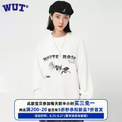 (WUT official store)2020AW black and white rose cursive slogan wild thick cotton T tide loose top Xinjiang cotton